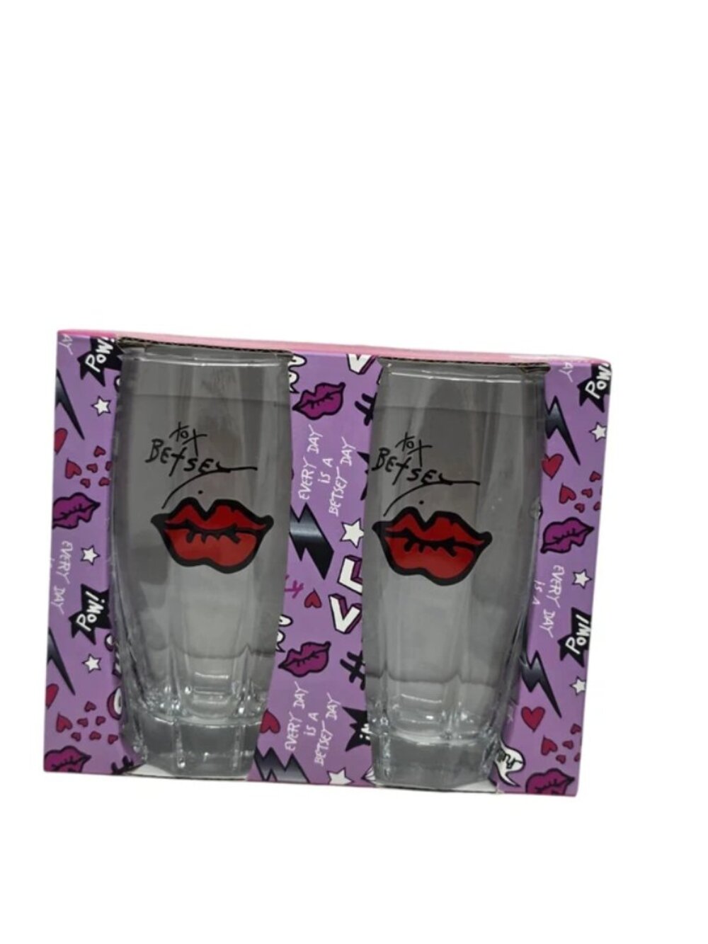 Betsey Johnson (2) Highball Glasses with "XOX Betsey" NEW